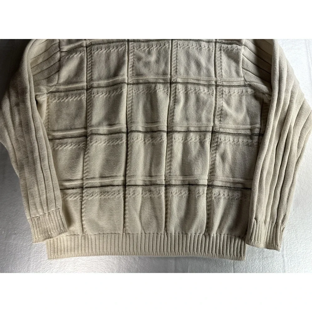 Bill Blass long sleeve cream gray black striped crewneck knit‎ sweater men's XXL